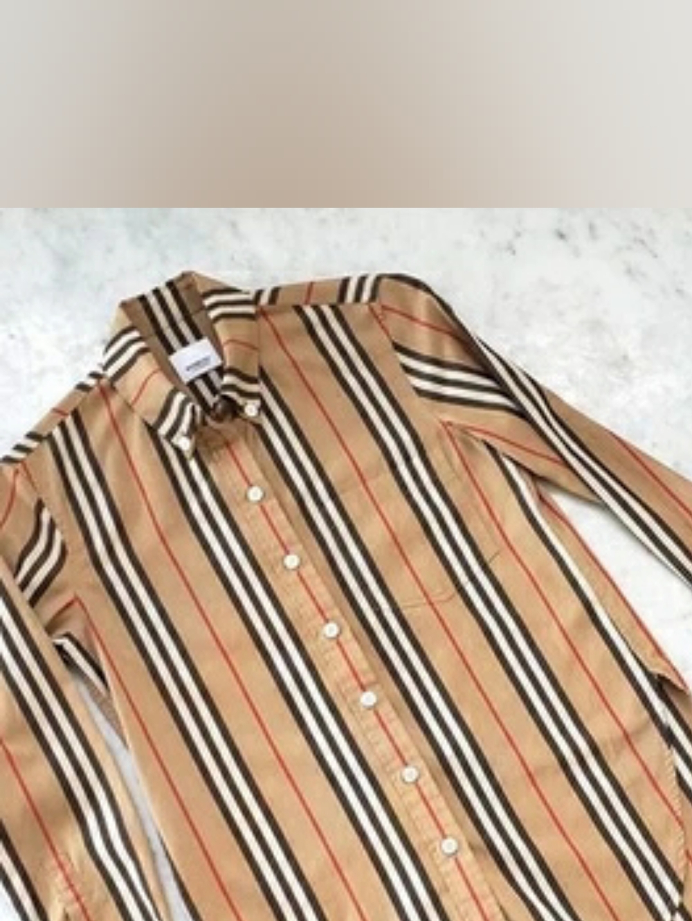 Burberry Tan, Black, White & Red Striped Button-Down Long-Sleeve Shirt Size 0